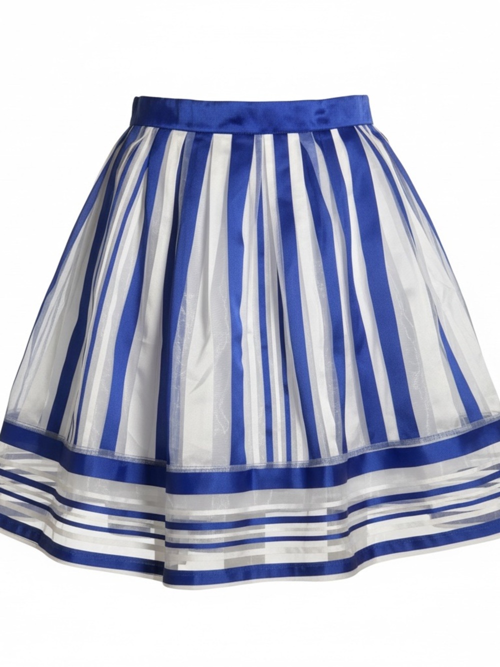 NWT Ryu Blue White Striped Organza Pleated A-Line Midi Skirt Ribbon Trim Size L